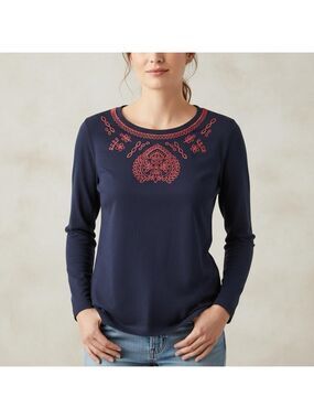 Ann Taylor LOFT Navy with Red Embroidering  Cotton Top Long sleeve - Size M